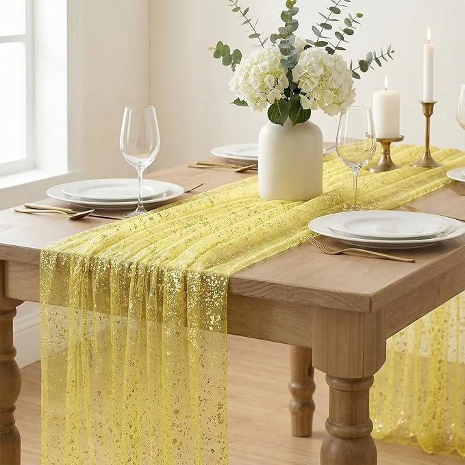 Artoid Mode Light Yellow Gold Gauze Table Runner 59x120 Inch 10FT,