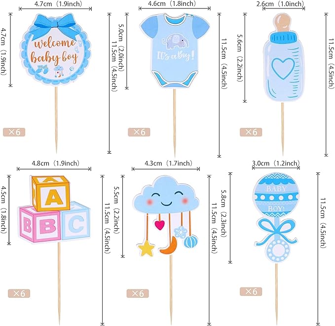 36 Pack Gender Reveal Cupcake Toppers Glitter Bottle Little Star