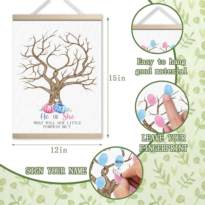 Pumpkin Baby Shower Gender Reveal Fingerprint Tree Canvas Guest