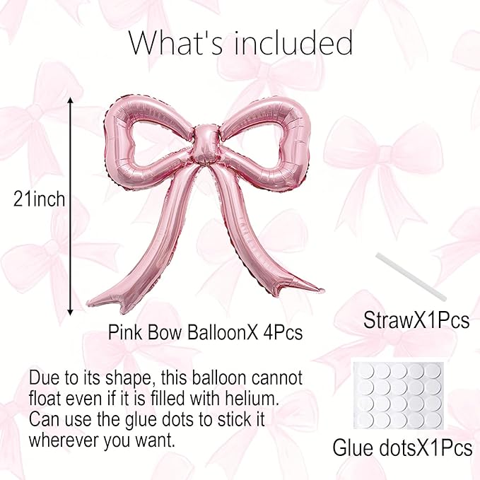 4pcs Pink Bow Foil Balloons Set Bow Mylar Balloons for Coquette