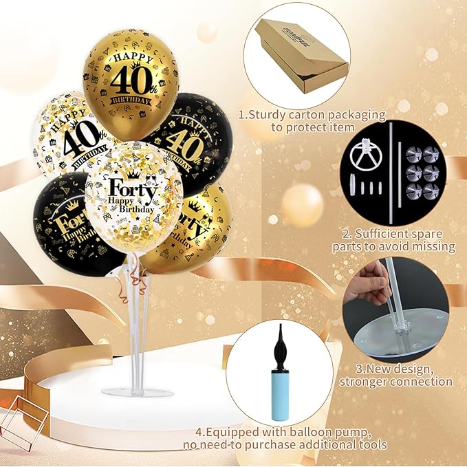 4 Set Black Gold Balloon Stand Kit for Birthday Decorations for 40th