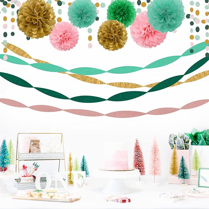 Sage-Green Pink-Gold Crepe Paper Streamers - 8 Rolls Green Party