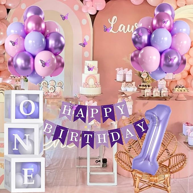 Baby Girl Purple First Birthday Decorations Pink Purple Balloons 40