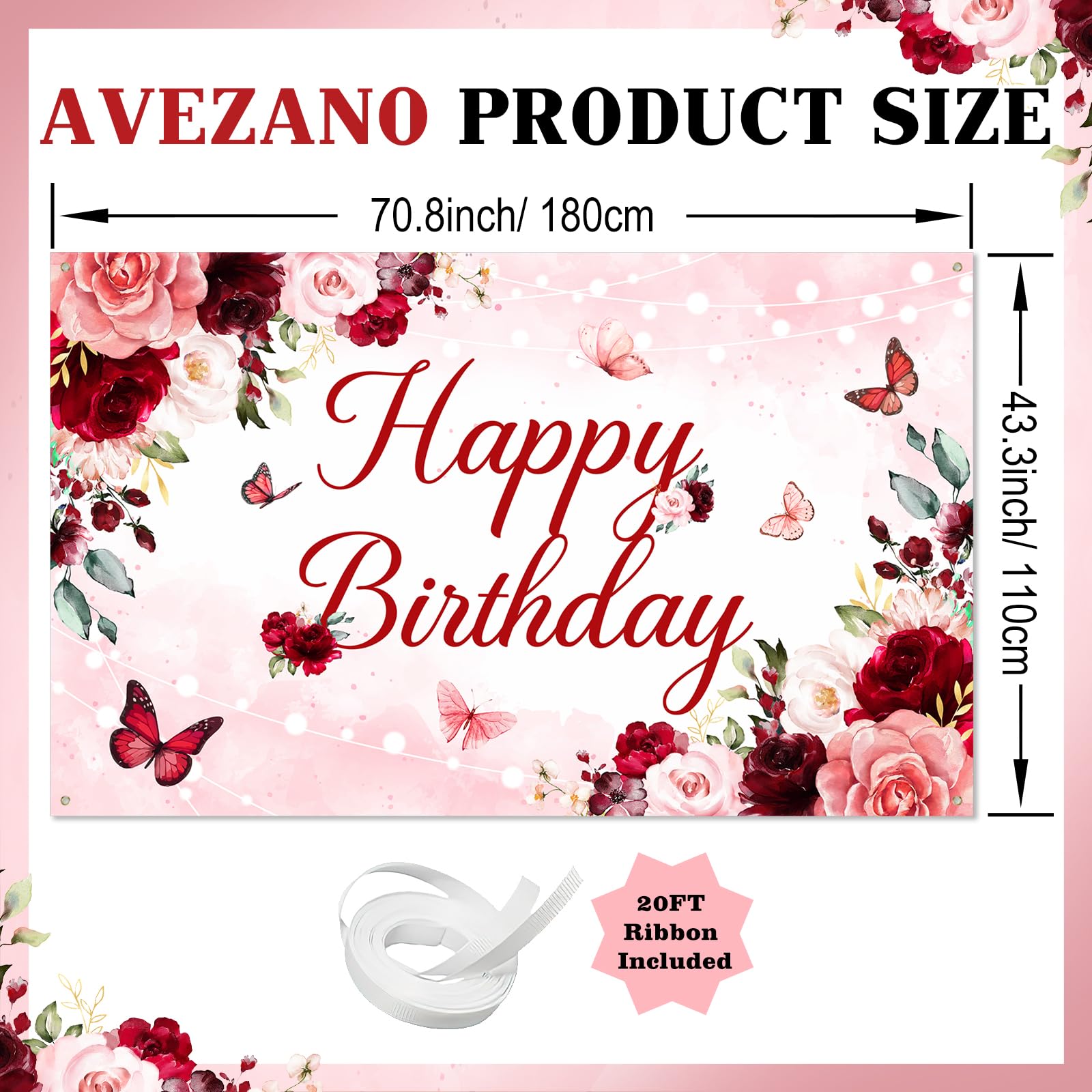 Avezano Floral Happy Birthday Banner for Women Girls Rose Gold Red