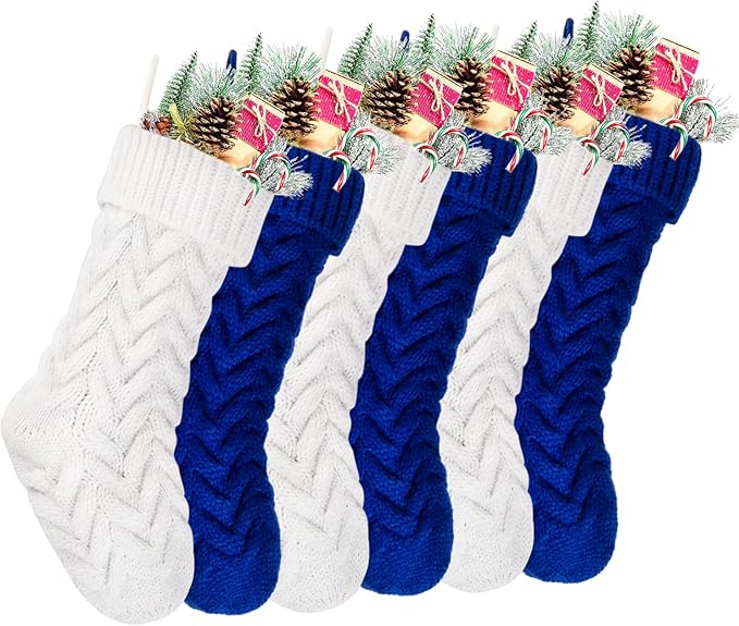 Christmas Stockings, 18 Inch White and Blue Cable Knitted Stockings