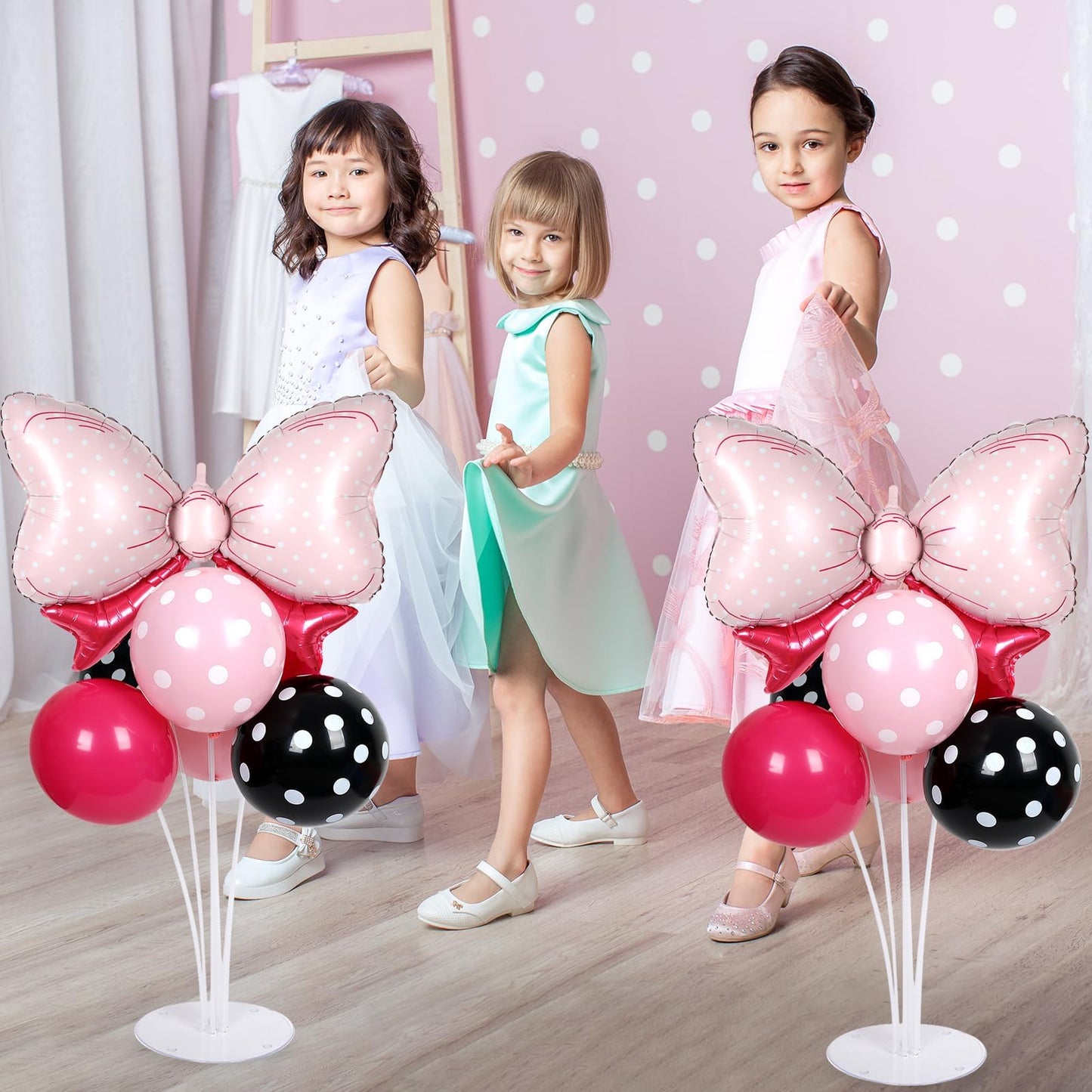 Pink Mouse Party Balloons Stand Kit 2 Sets with 2 Bow Foil Balloons