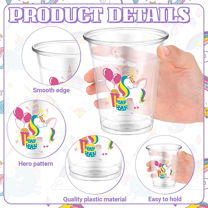 50 Pcs Unicorn Cups 12 oz Unicorn Plastic Glasses Clear Disposable