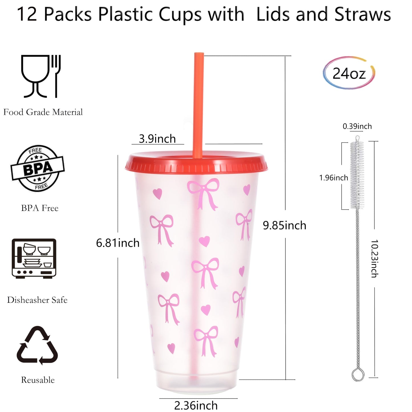 Alohastarttg 12 Pack Plastic Cups with lids and Straws Reusable 24 oz