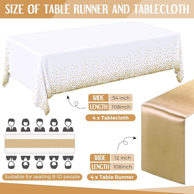 Breling 8 Pack White and Gold Disposable Plastic Tablecloths and