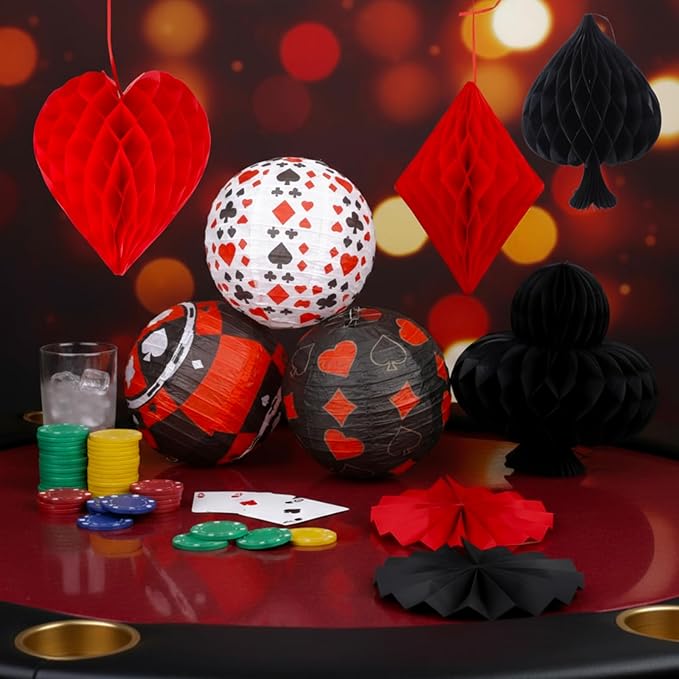 18 Pcs Casino Party Decoration 3D Poker Hanging Paper Lantern Red
