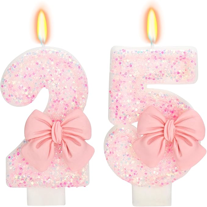 25th Birthday Number Cake Candles, Pink Bow, Modern Style, 3" Tall,