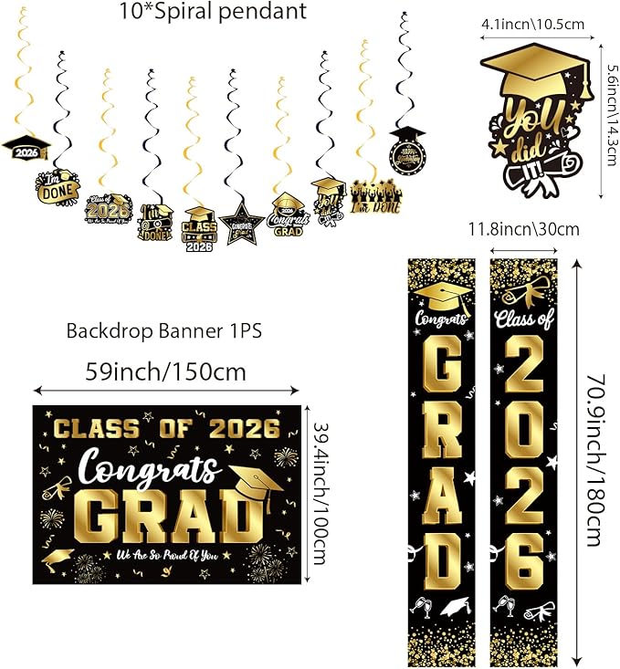 Graduation Decorations 2026 Set Black Gold Congrats Grad Decor Set