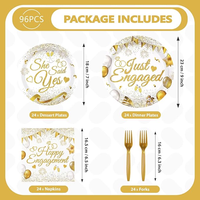96 Pcs Happy Engagement Party Supplies White and Gold Engagement