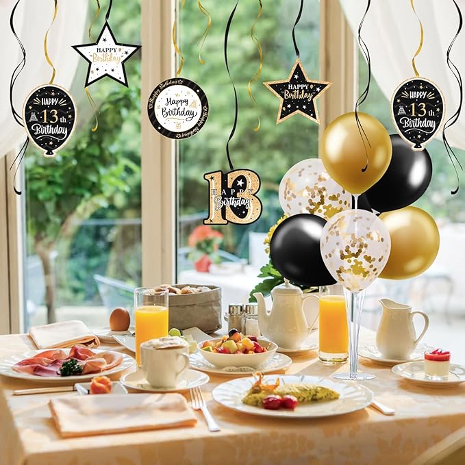 Happy 13th Birthday Black & Gold Balloon Set 13th Birthday Swirls