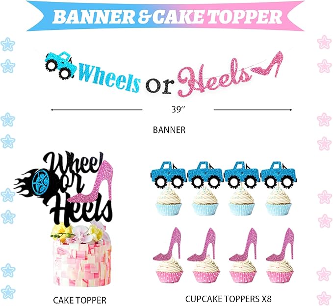 Wheels or Heels Gender Reveal Decorations 169 PCs Boy or Girl Gender