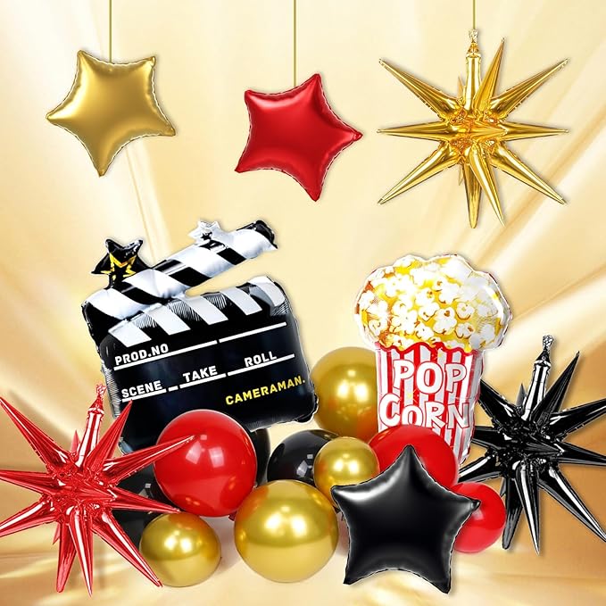 Movie Night Balloon Arch Garland Kit with Red Black and Gold Balloons