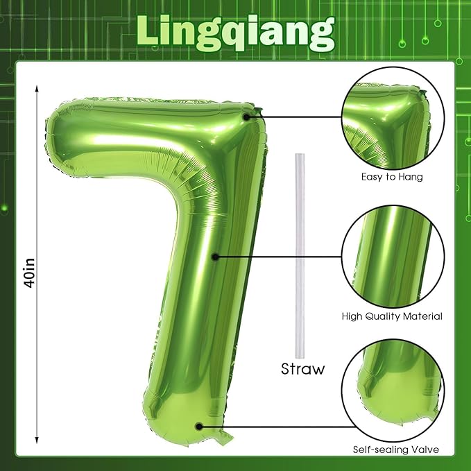 40'' Green Number 7 Balloons, Giant Self Inflating Foil Number