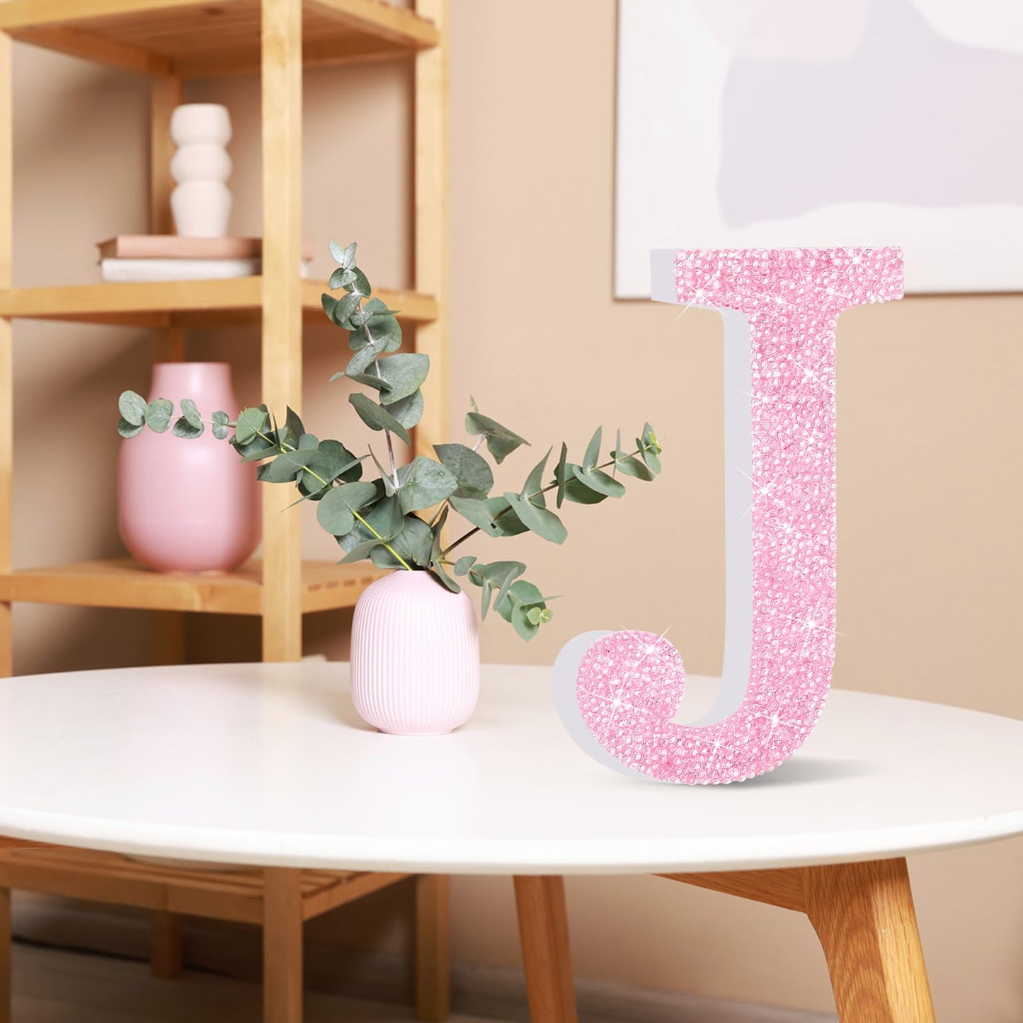 Qunclay Pink Crystal Diamond Letter Wall Decor, Glitter Wooden Bling