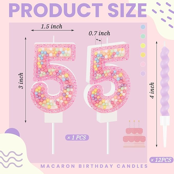 MTLEE Number 5 Birthday Candle with 12 Pcs Spiral Candles for Girls