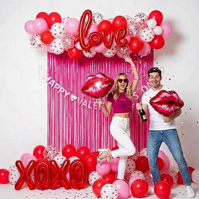 Valentines Day balloon garland arch kit with Banner red Hot pink