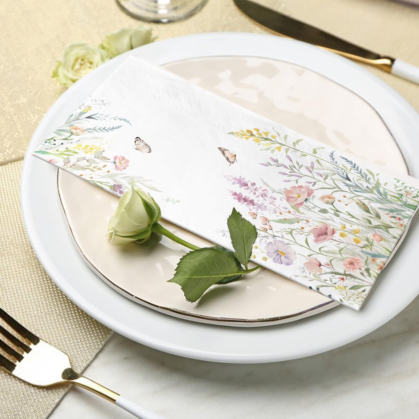 100 Spring Flower Napkins - Watercolor Wild Flower Disposable Hand