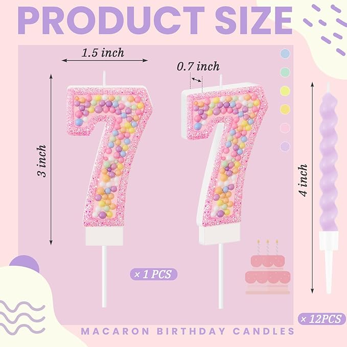 MTLEE Number 7 Birthday Candle with 12 Pcs Spiral Candles for Girls
