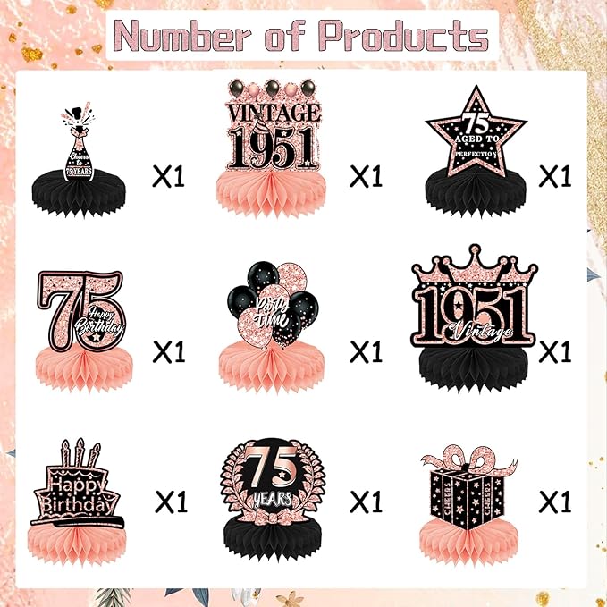 75th Birthday Decorations Women, 9PCS Rose Gold 75th Birthday