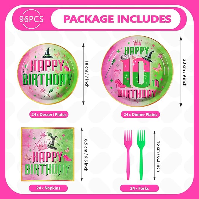 96pcs Witch Birthday Decorations Pink and Green Witch Theme Paper