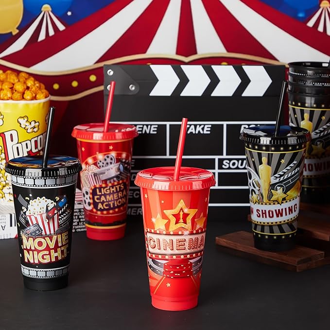 Uiifan 12 Pcs Movie Night Cups 24oz Reusable Tumbler with Lid and