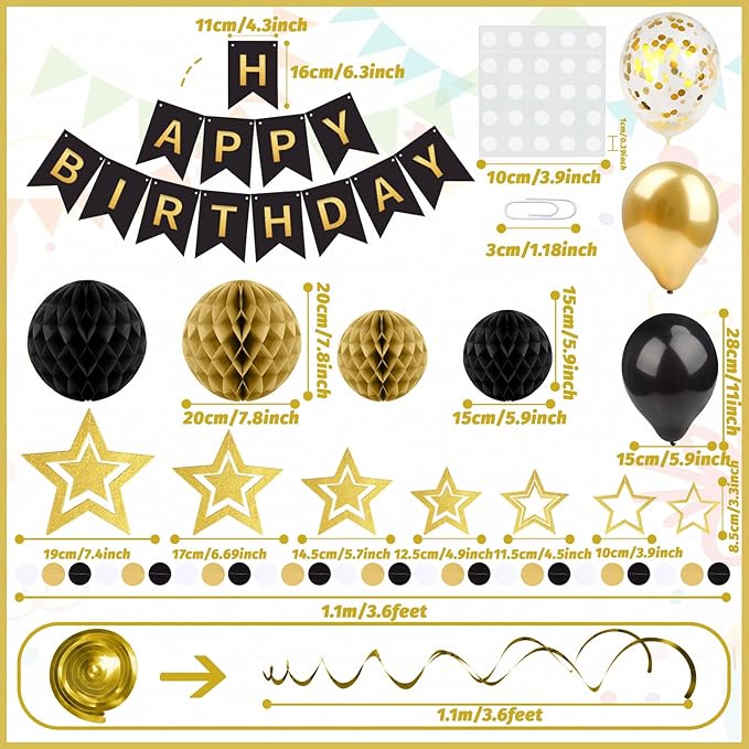 ZERODECO Black Gold Birthday Decorations, Easy to Assemble Happy