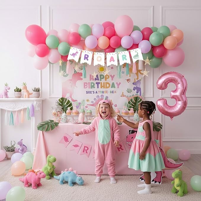 Dinosaur Balloon Garland Arch Kit Pastel Pink green and purple with