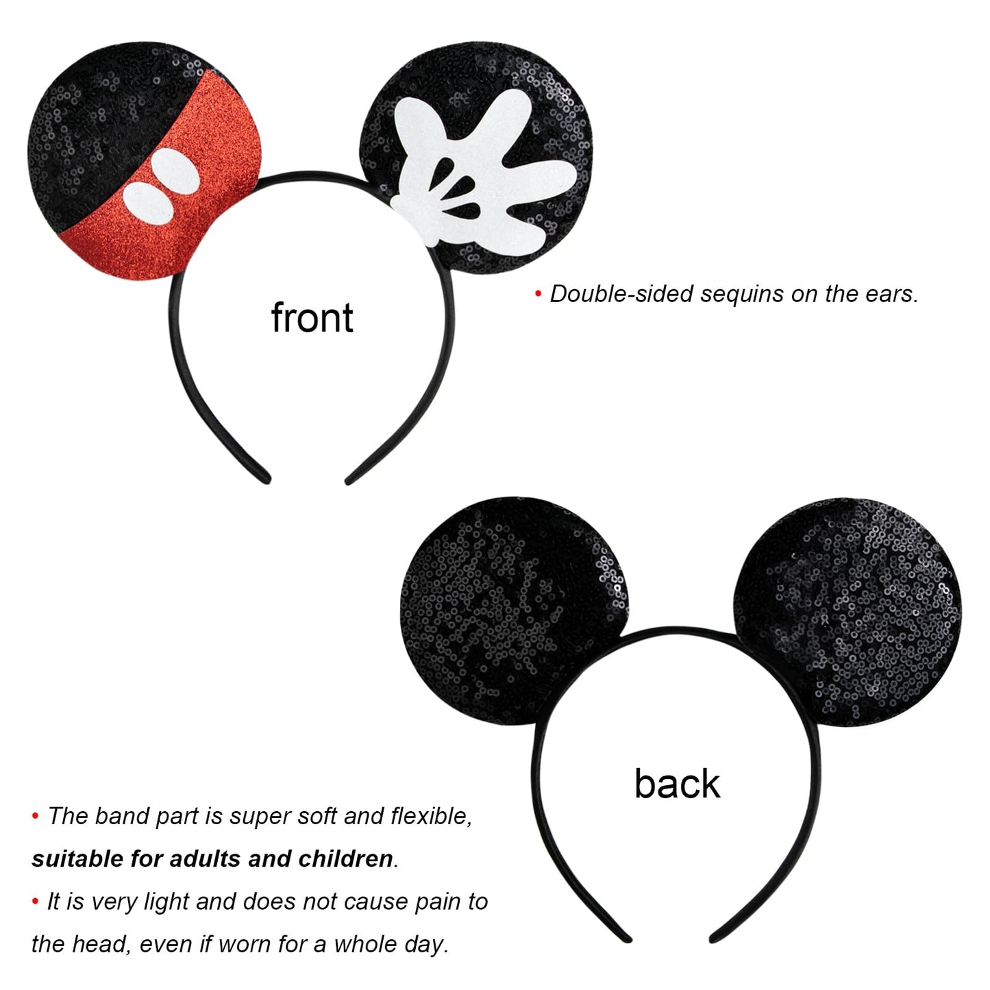 CHuangQi 2pcs Mouse Ears Headbands with Shiny Bow Double-sided Sequins