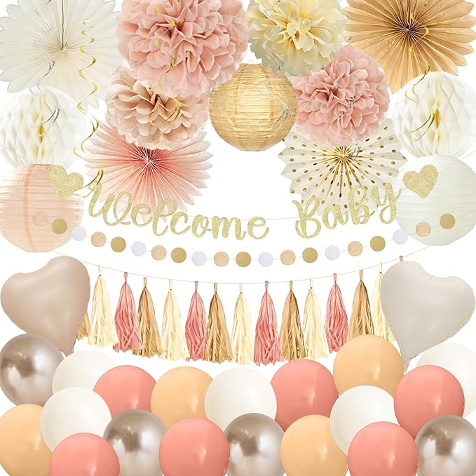 Champagne Gold Boho Baby Shower Party Decorations with Welcome Baby