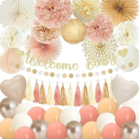 Champagne Gold Boho Baby Shower Party Decorations with Welcome Baby