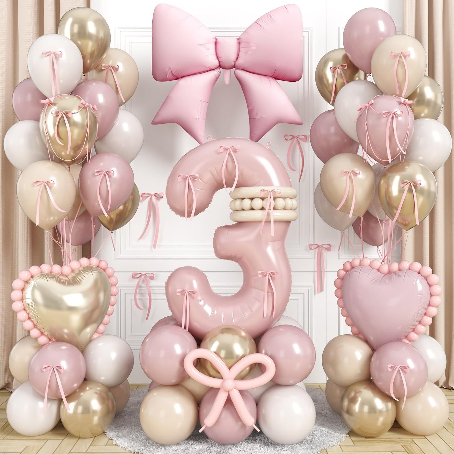 Baby Pink Number 3 Balloon, Dusty Light Pink Gold Cream Latex Balloons