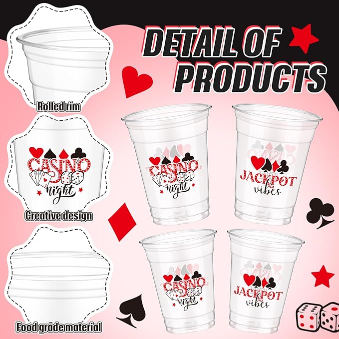 50 Pcs Casino Night Cups 12 oz Disposable Plastic Cups with Straws