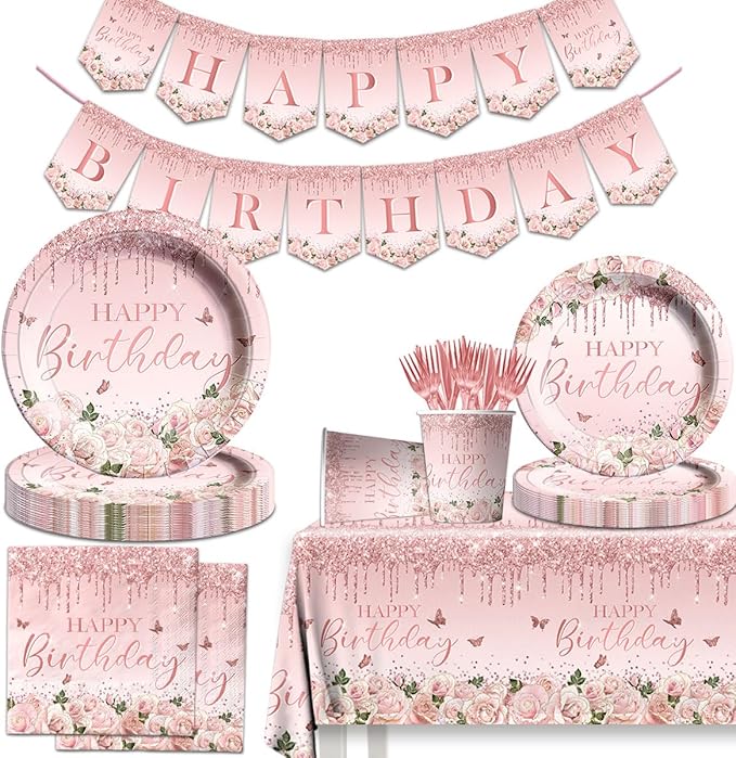 142Pcs Pink Rose Gold Birthday Party Supplies Pink Birthday Party