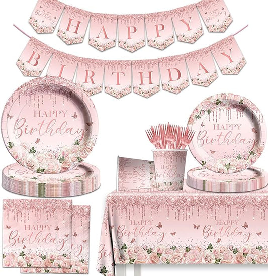 142Pcs Pink Rose Gold Birthday Party Supplies Pink Birthday Party