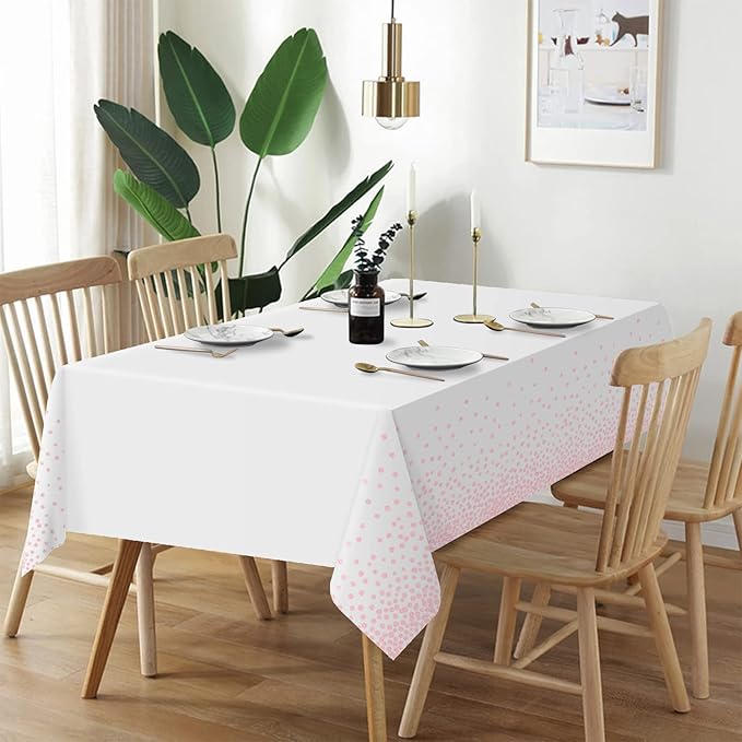 QIKSION 6 Pack White and Pink Dot Plastic Tablecloth, Waterproof