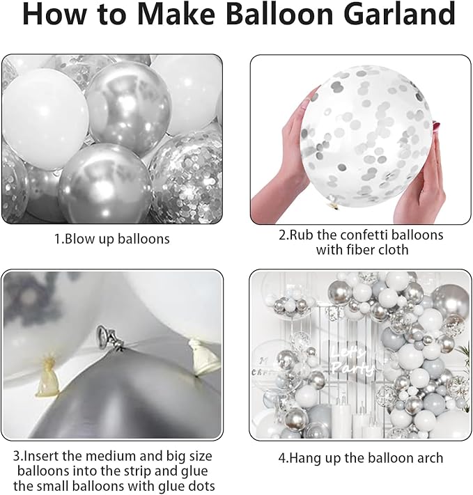 KARLURE White Silver Balloon Arch Kit Garland with Grey Clear