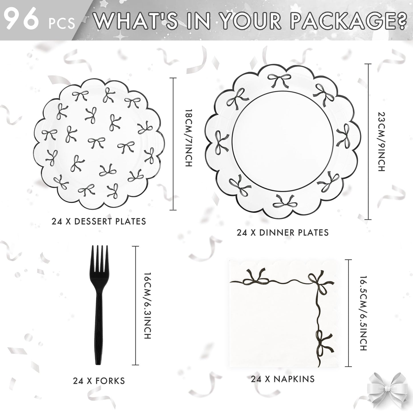 CANREVEL 96 PCS Black Bow Party Plates Serve 24, Bow Plates and