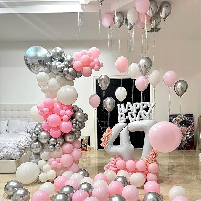 Pink and Silver Balloon Arch Kit, Pastel Pink and White Metallic