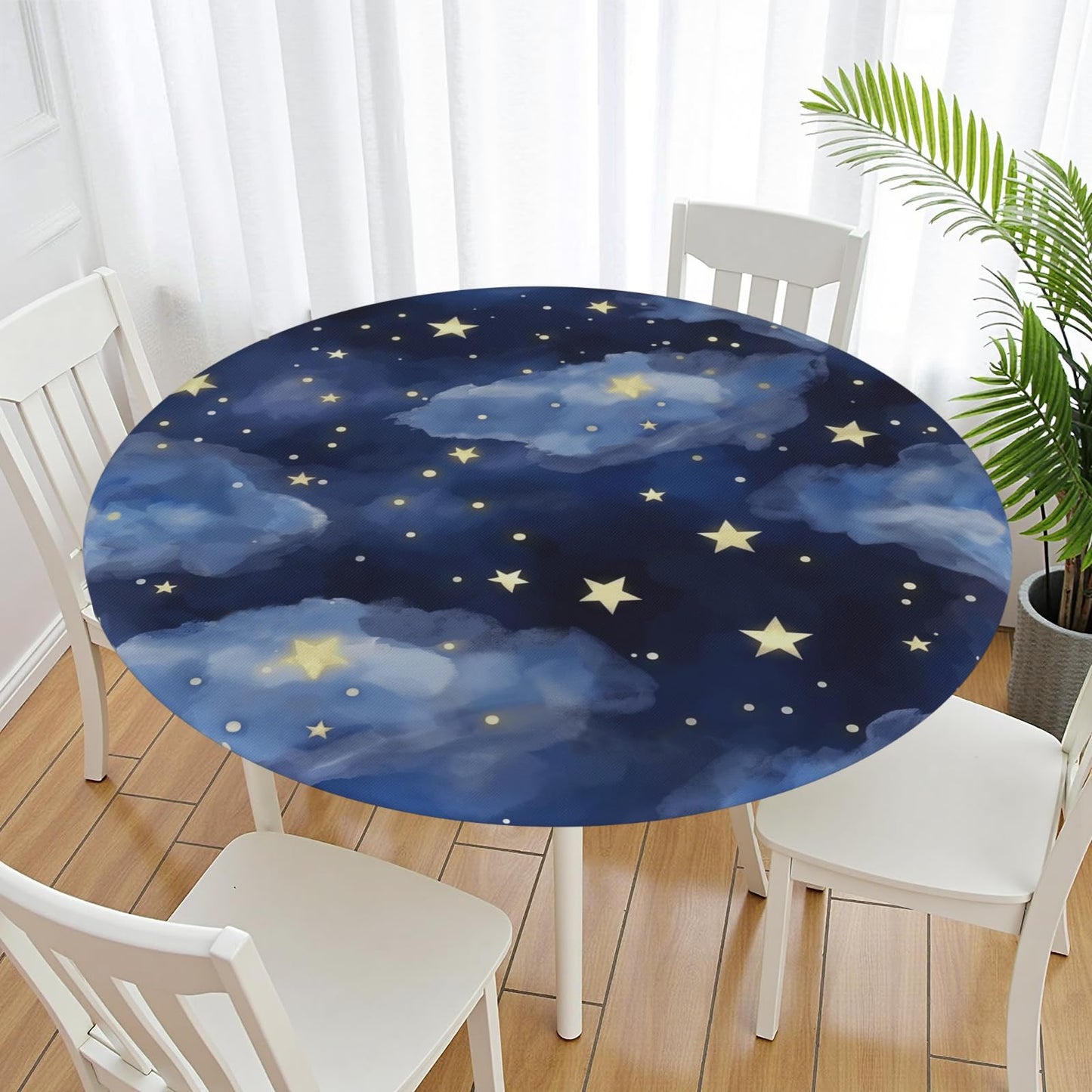 Dark Blue Round Tablecloth 48-52 inch, Stars Clouds Fitted Table Cloth