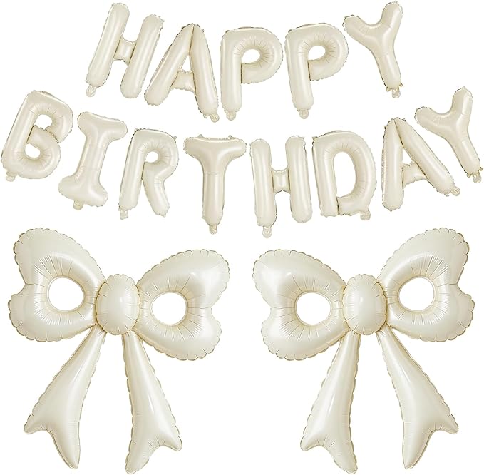 Cream Happy Birthday Balloons, 31”Huge Beige Bow Aluminum Foil