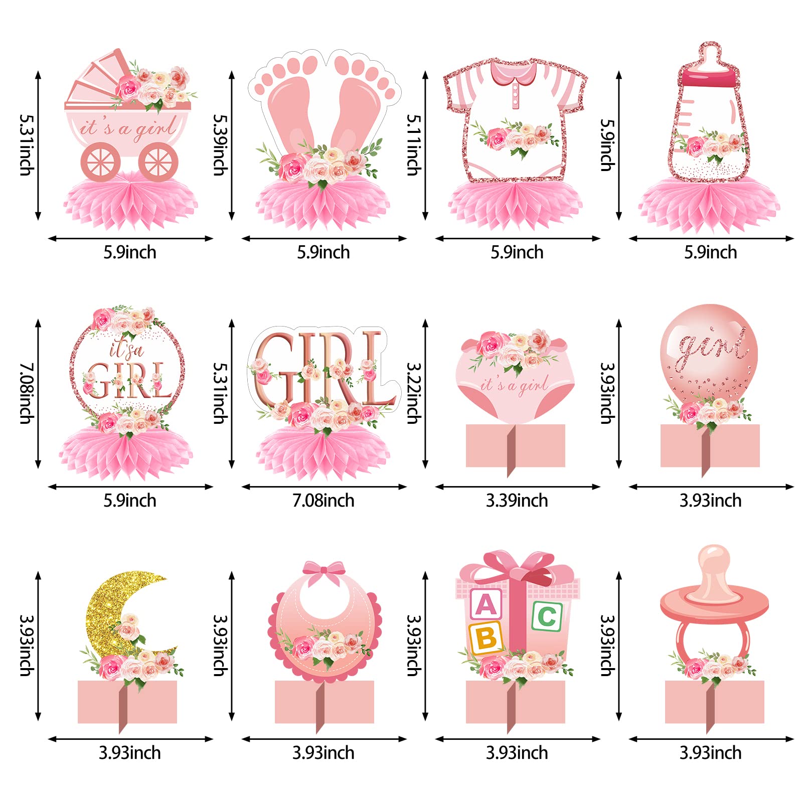 Aodocuto 12Pcs Pink Rose Gold Baby Shower Decorations Honeycomb