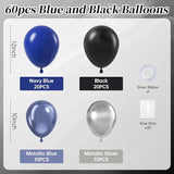 Blue and Black Balloons, 60pcs 12inch Blue Black Metallic Silver