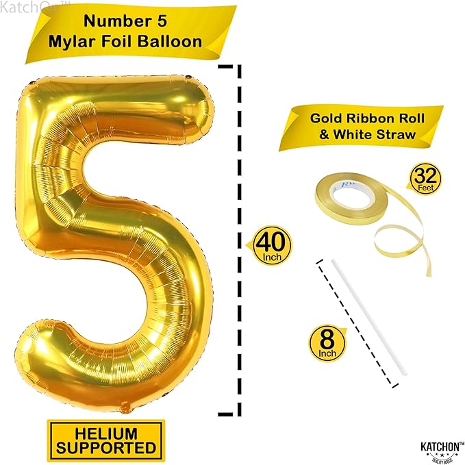 KatchOn, Giant Gold 5 Balloon Number - 40 Inch | Golden 5 Balloon, 5