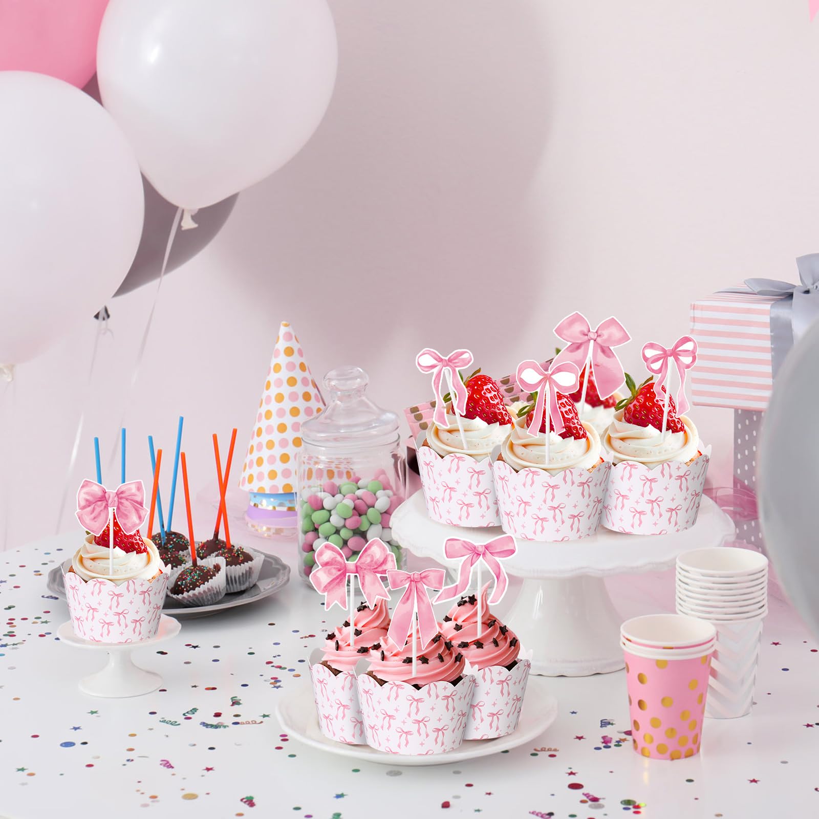Widecook 96 Pcs Pink Bow Cupcake Toppers and Wrappers Coquette Bow