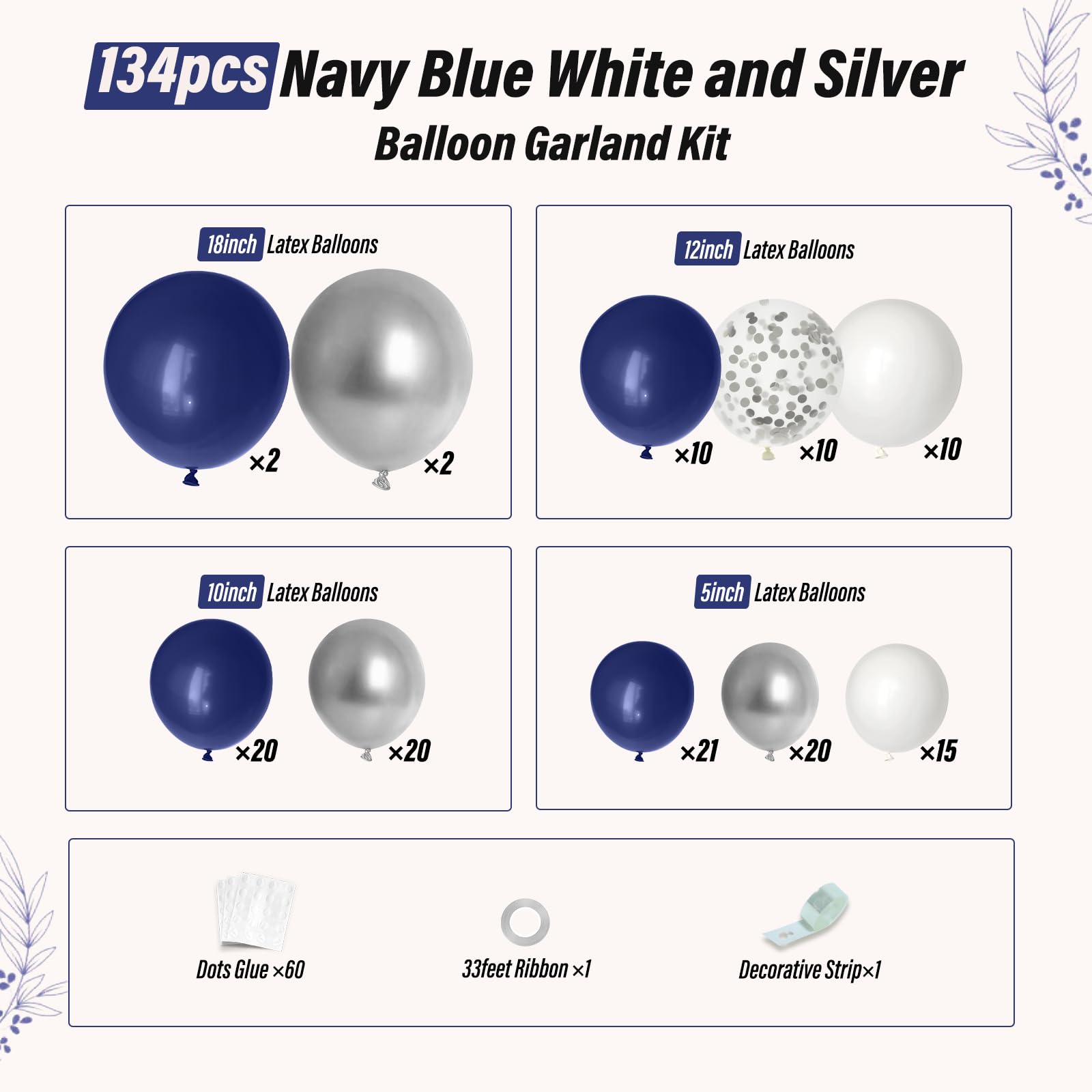 Navy Blue and Silver Balloon Garland Arch Kit, Royal Blue Metallic