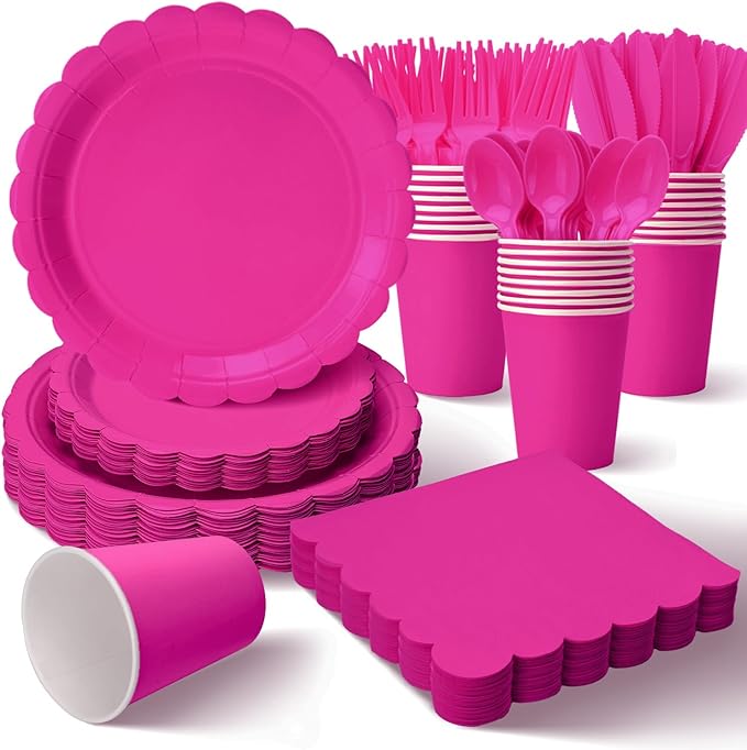 Vyntra 175 Pcs Hot Pink Disposable Paper Plates and Napkins Set for